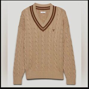 Cable Knit V-Neck Sweater - Tan